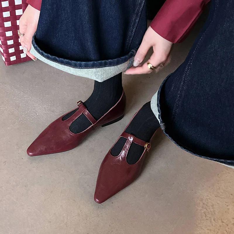 امرأة الشقق أبازيم ماري جين الربيع أحذية بسيطة الفتيات أشار تو الأحذية الرجعية T-حزام جلد طبيعي أحذية أنيقة #3