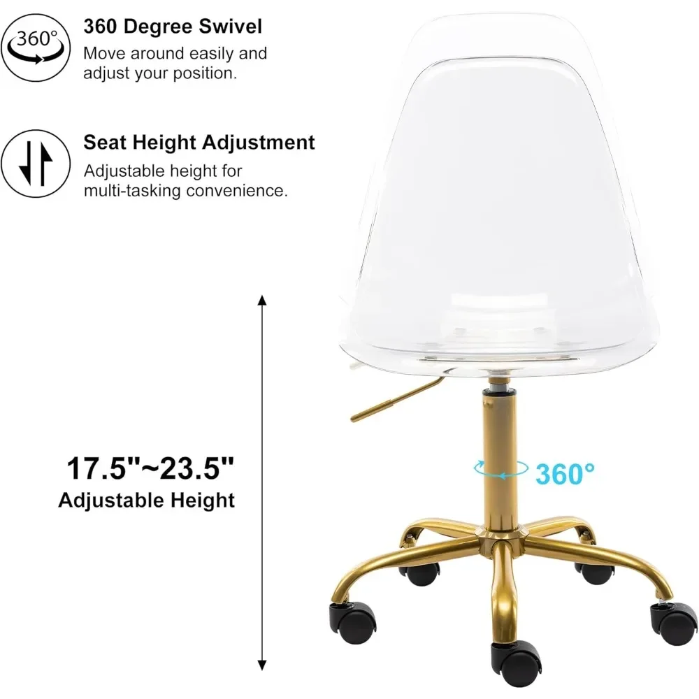 Clear Desk Chair, Armless Acrylic Desk Chair with Golden Feet Swivel Molded Plastic Vanity Chair Adjustable Office with Wheels