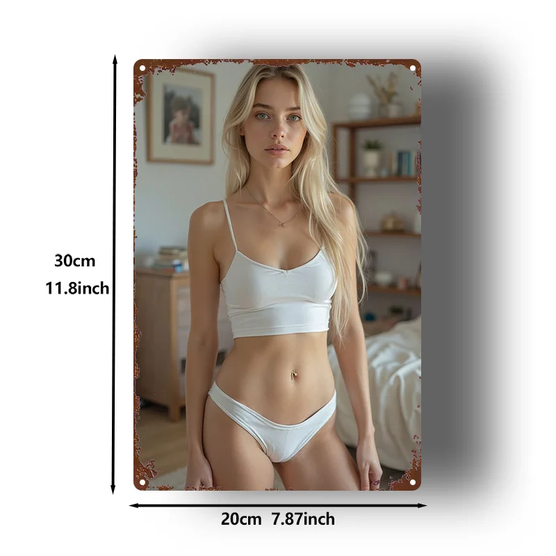 New Trendy HD Metal Wall Art - Modern 2D Flat Design Featuring a Beautiful Blonde Woman with Long Hair Wearing a Stylish White R