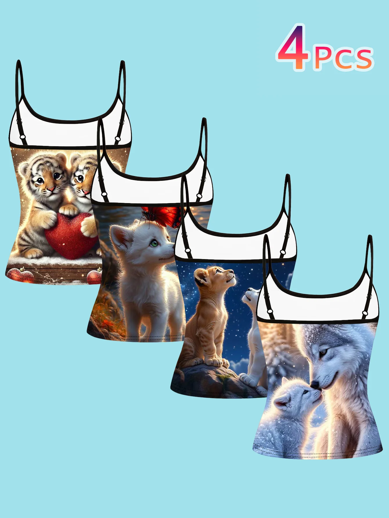 4-Piece Set of Cute Animal Print Camisoles for Women: Little Tiger, White Fox, Baby Lion, Wolf Cub, Adorable Pet-Themed Thin Strap Slim-Fit Sleeveless Tops