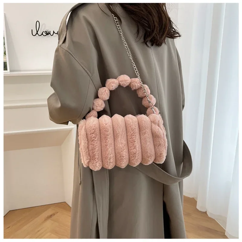 Trend Plaid Plush Bags for Women Designer Square Female Shoulder Bag Fashion Purse Winter Crossbody Bag for Women Luxury Handbag