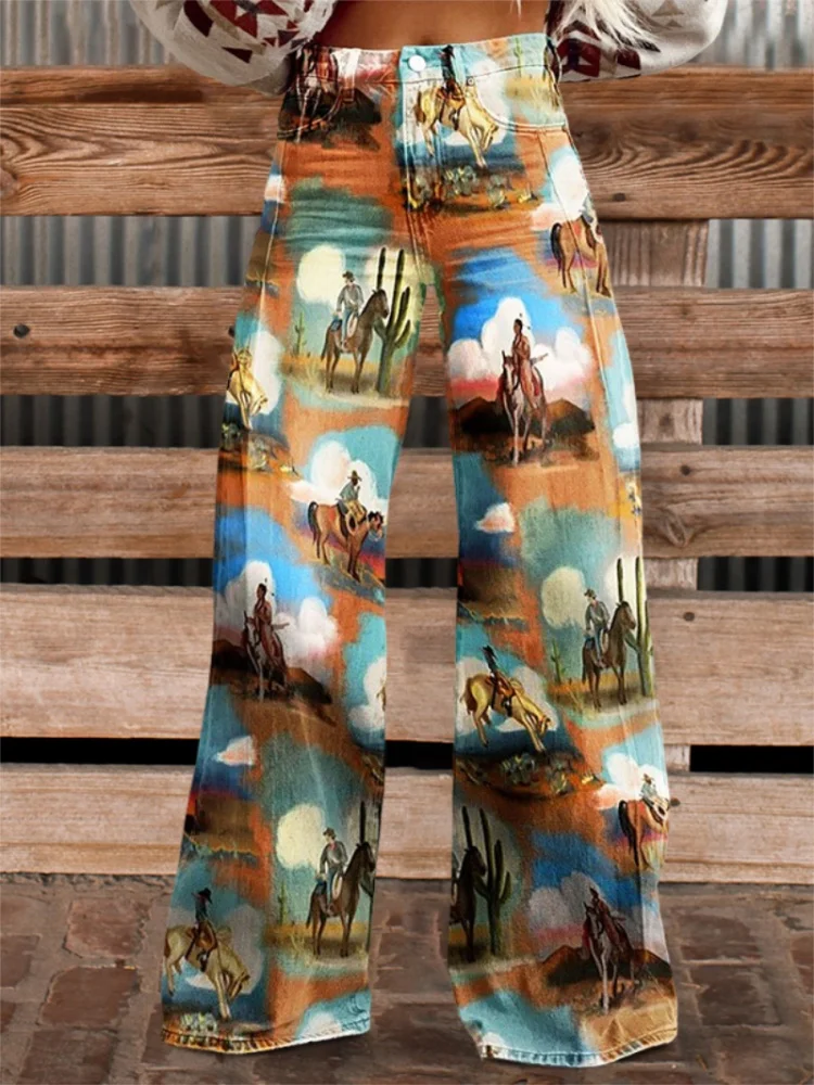Spring, Summer, and Autumn Women\'s Long Pants 3D Digital Printing Imitation Jeans Thin Fabric Color Blocked Wide Leg Pants