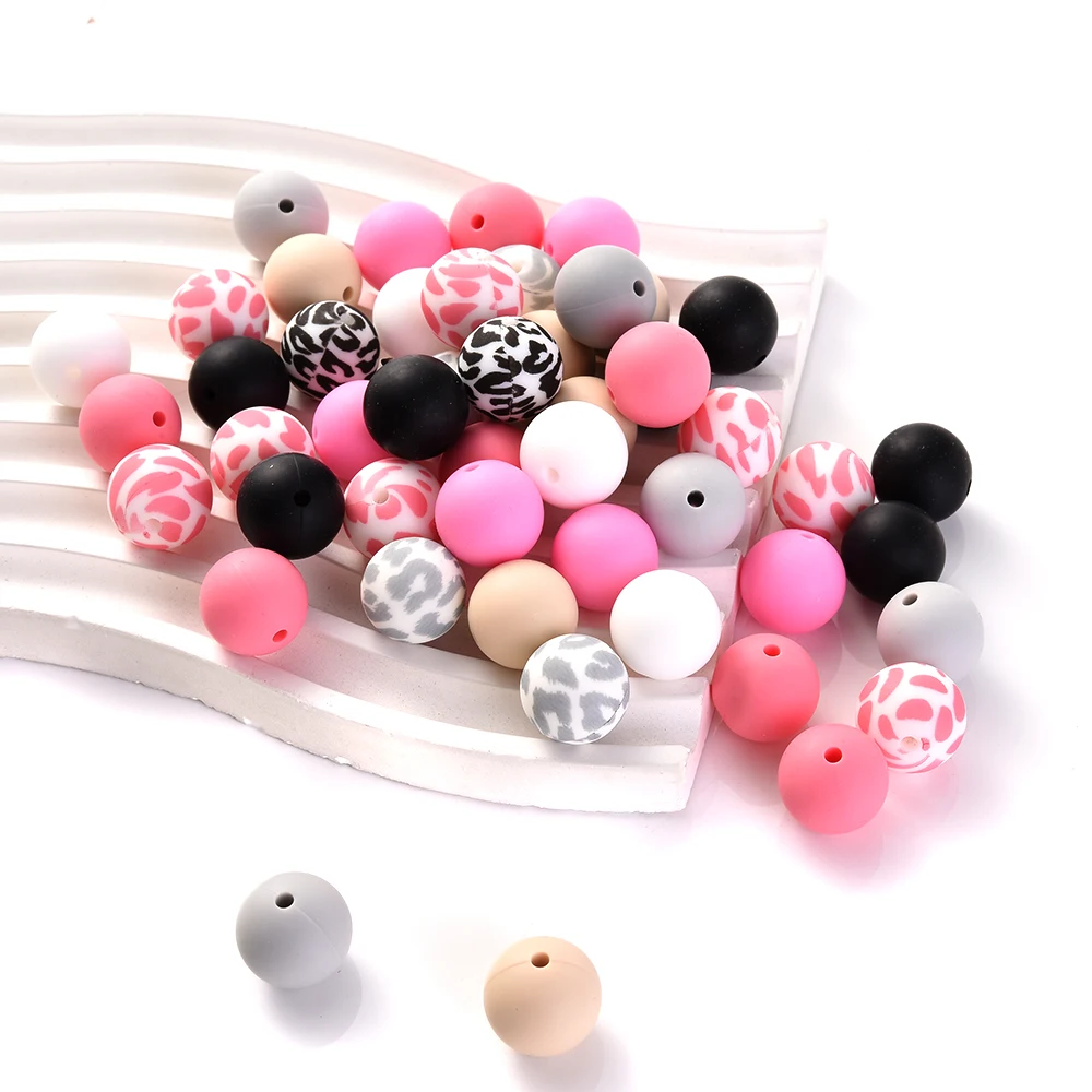 

Baby 15mm Round Print Silicone Bead Set Food Grade Diy Teether Toy Nipple Holder Pacifier Chain Bpa Free Teething Bead Accessory