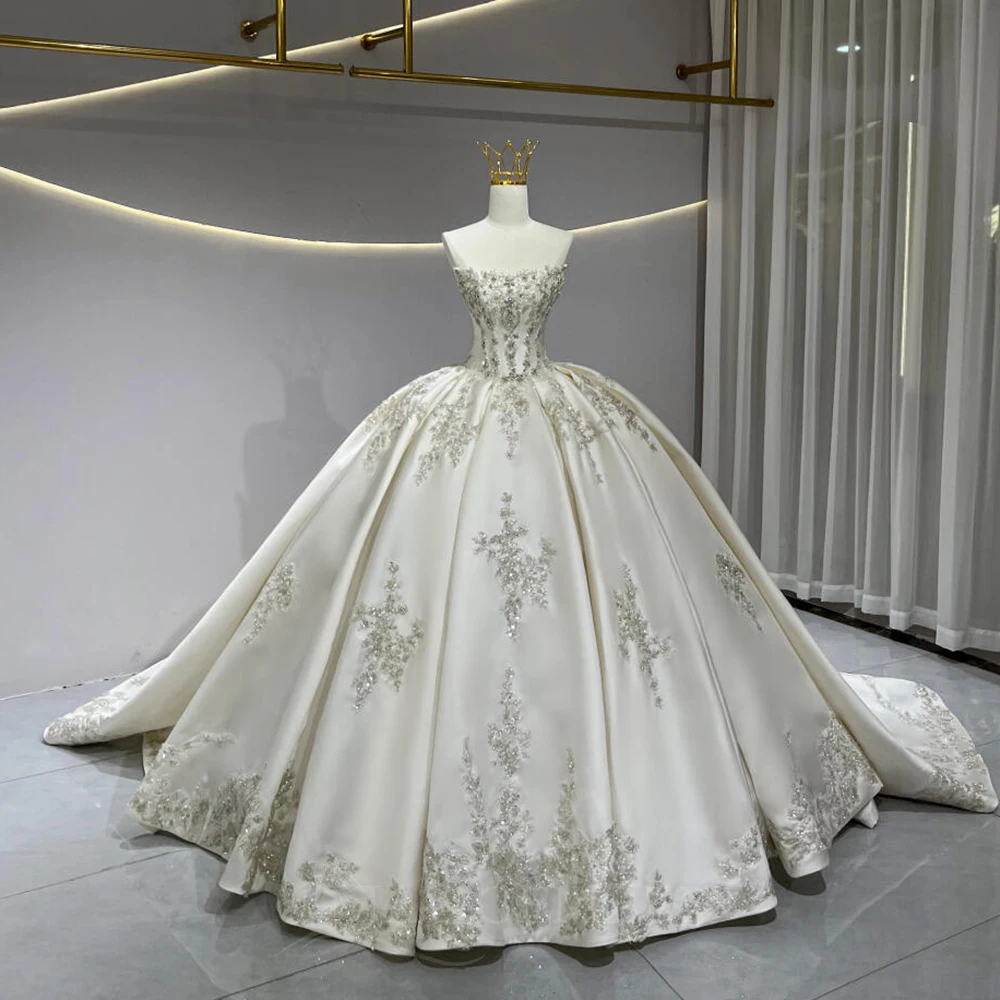 فستان زفاف من الساتان بدون أكمام برنسيسا أنيق أبيض برباط من الخلف بدون أكمام ذيل محكمة مخصص حسب الطلب رداء دي ماري #1