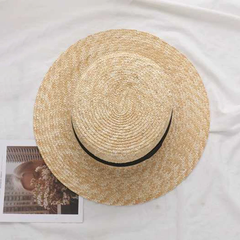 Natural Wheat Straw Boater Fedora Top Flat Hat Women Summer Beach Flat  Brim Cap with Bowknot Ribbon Bucket Hat Holiday Caps