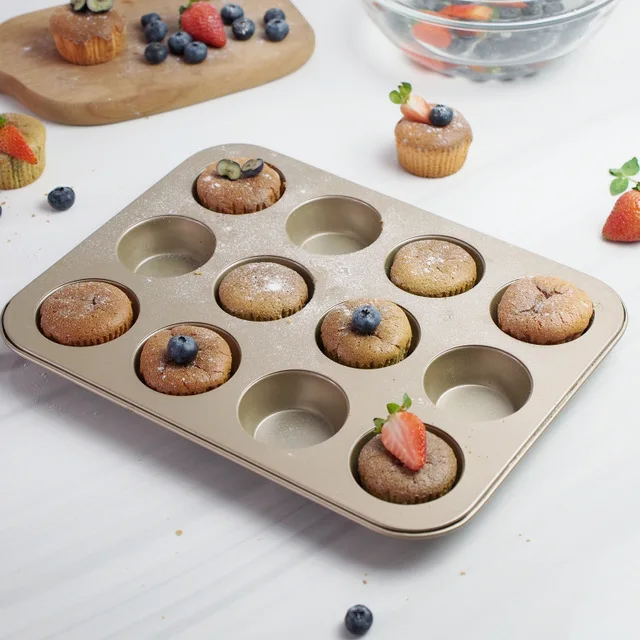 12 Holes Carbon Steel Cake Mold Muffin Cupcake Baking Pan Non-Stick Baking Dish Carbon Steel Kitchen Oven Trays Pastry Tool