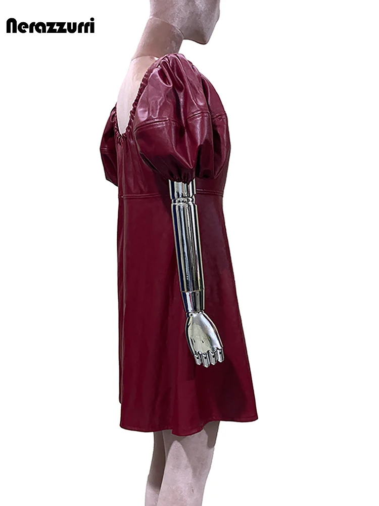 Nerazzurri Summer Autumn Short Pu Leather Mini  Dress Women with Short Puffl Lantern Sleeve High Waist Luxury Buttoms Clothes