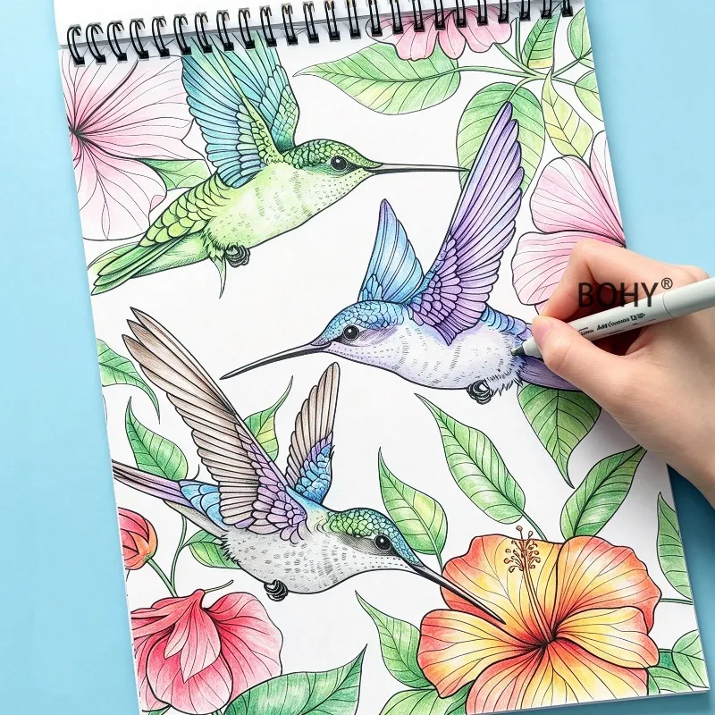 1-livro-de-pintura-em-estilo-natural-de-grande-formato-inclui-desenhos-artisticos-com-temas-como-beija-flores-voadores-flores-em-flor-32-paginas