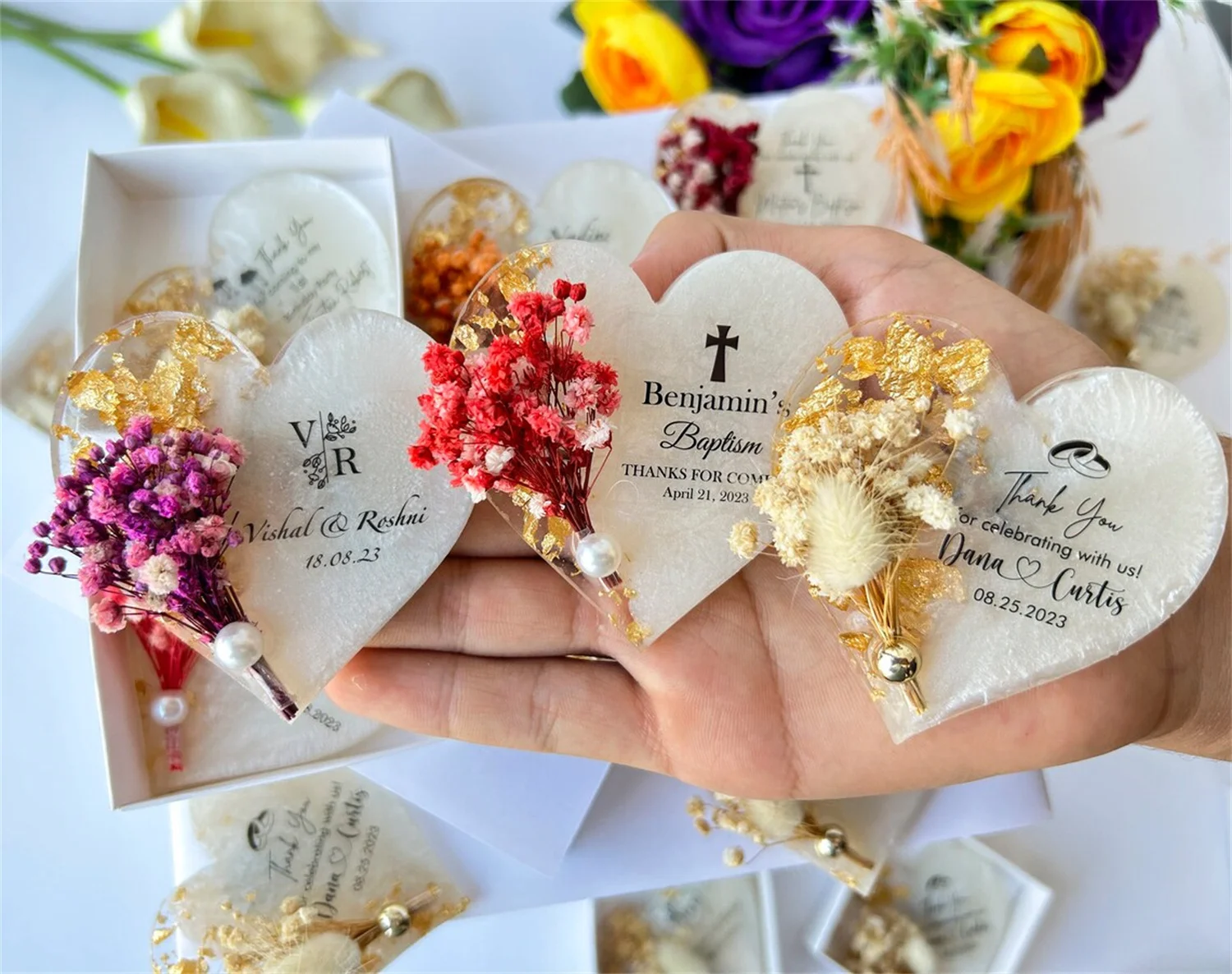 Personalized Magnet Favor for Guest, Epoxy Magnet With Box, Wedding Favor for Guest, Magnet With Dry Flower, Islamic Gift, Brida view 3