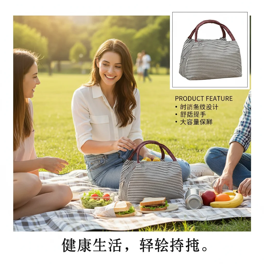 Isolierte Kühltasche Tragbare Gestreifte Canvas-Lunchbox für Arbeit, Reisen und Picknick Langlebige Kühltasche zur Lebensmittelaufbewahrung