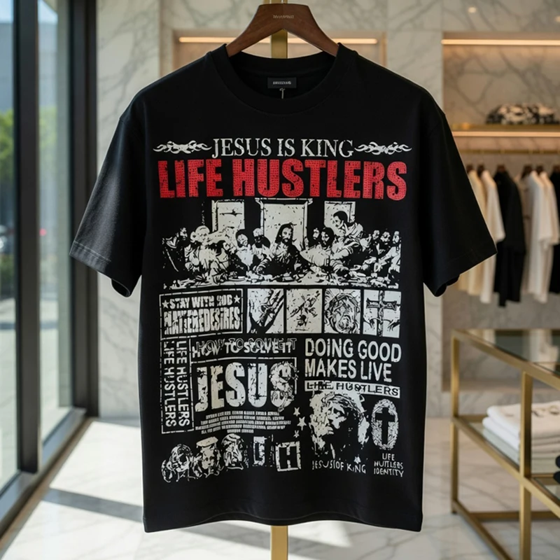 American Retro Distressed Life Hustlers Short-sleeved High-quality Rhinestone-studded Hip-hop Loose-fitting T-shirt