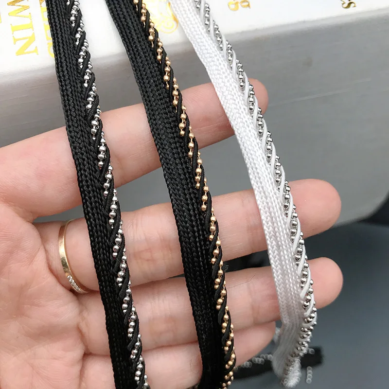 1Yard 1cm Black Braided Centipede Ribbon Piping Lip Cord Gold Silver Beads Chain Trim DIY Sewing Clothing Accessories Material