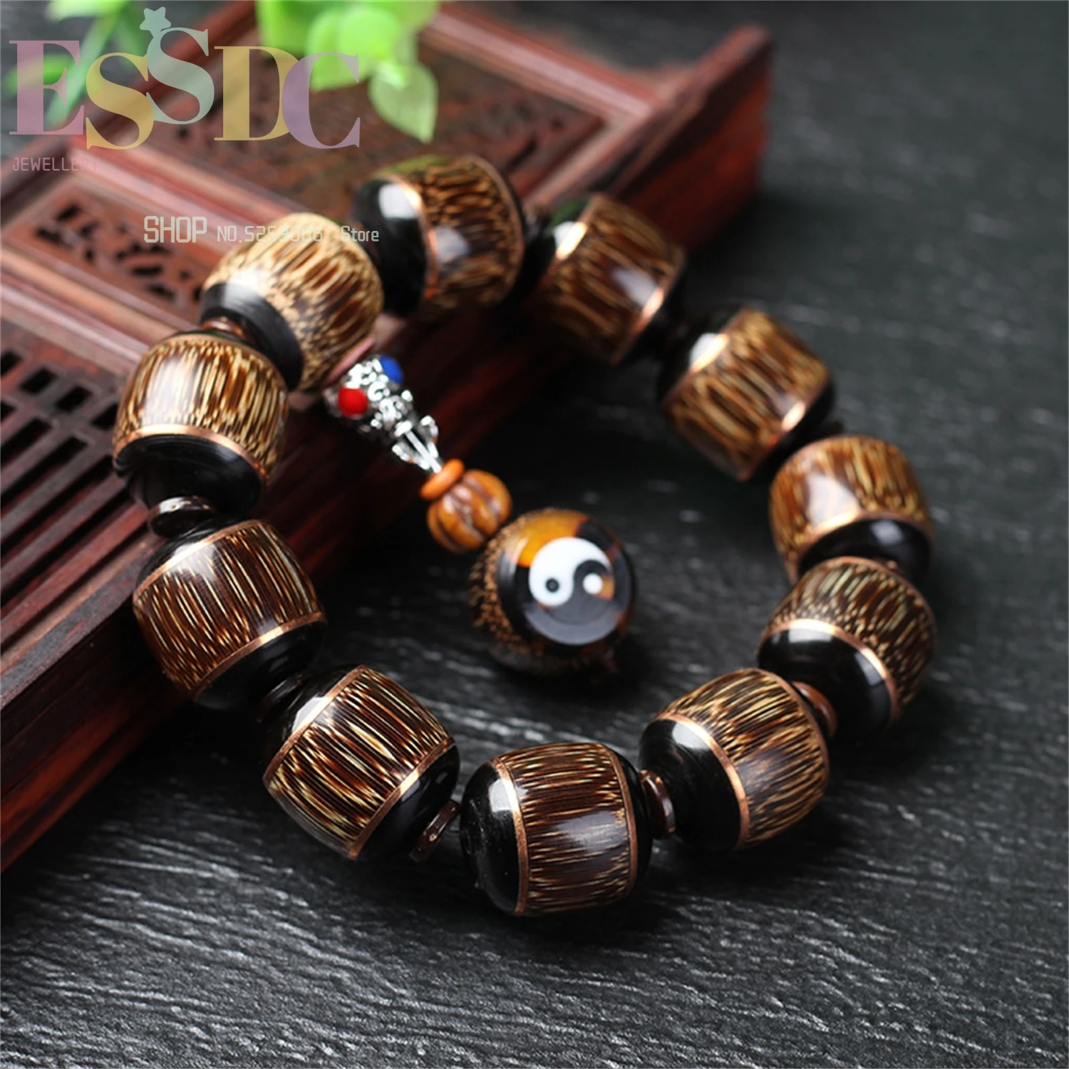 Wholesale Original Diy Men's and Women's 20Mm Golden Silk Bamboo Inlaid Ebony Wood Bracelet and Bamboo Bead Bracelet