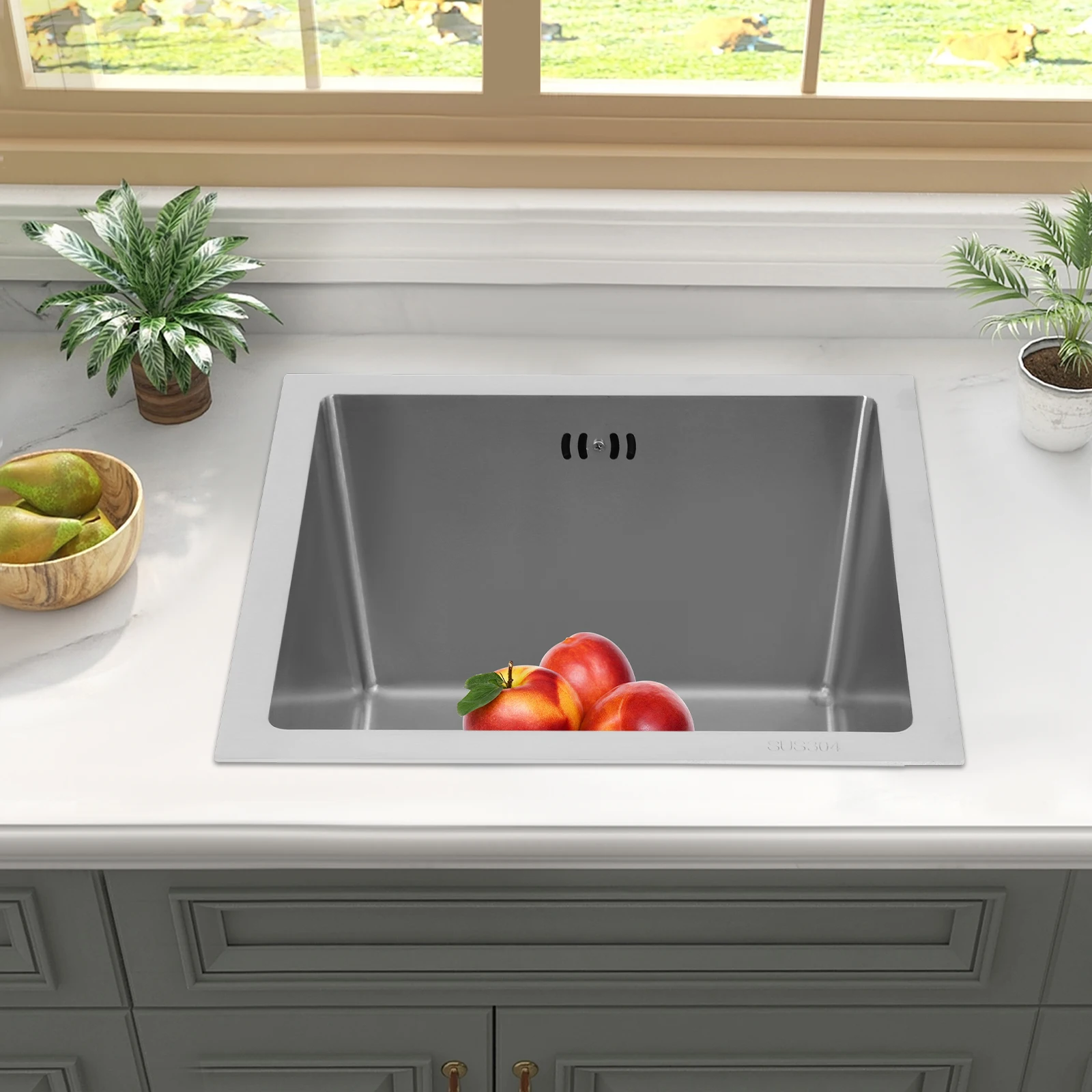 

38 x 38 cm 304 Stainless Steel Kitchen Sink, Rectangular Sink, Multifunctional Single Bowl Sink, for Home Kitchen, Bar, Silver