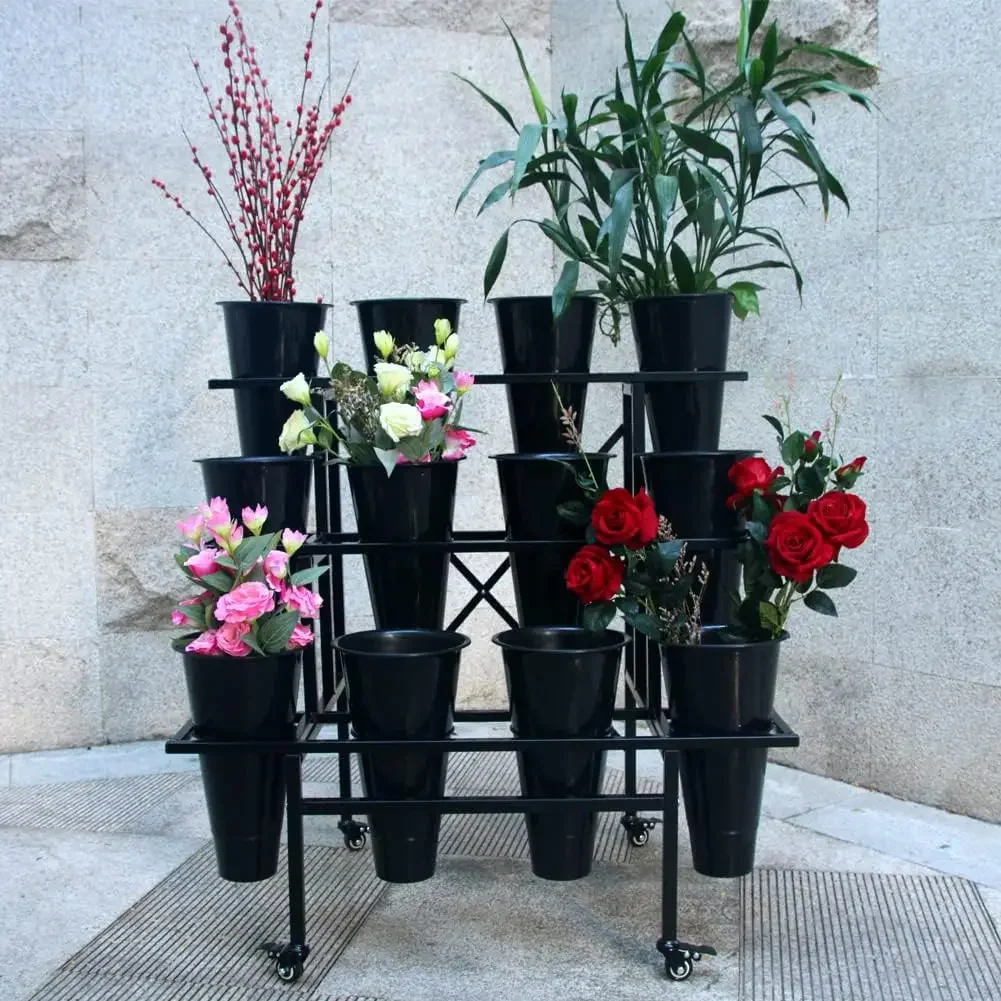Heavy Duty Rolling Garden Display Cart Plant Stand with Wheels Flower Shelf Equipped with 12 Plastic Buckets for Fresh Flower Display