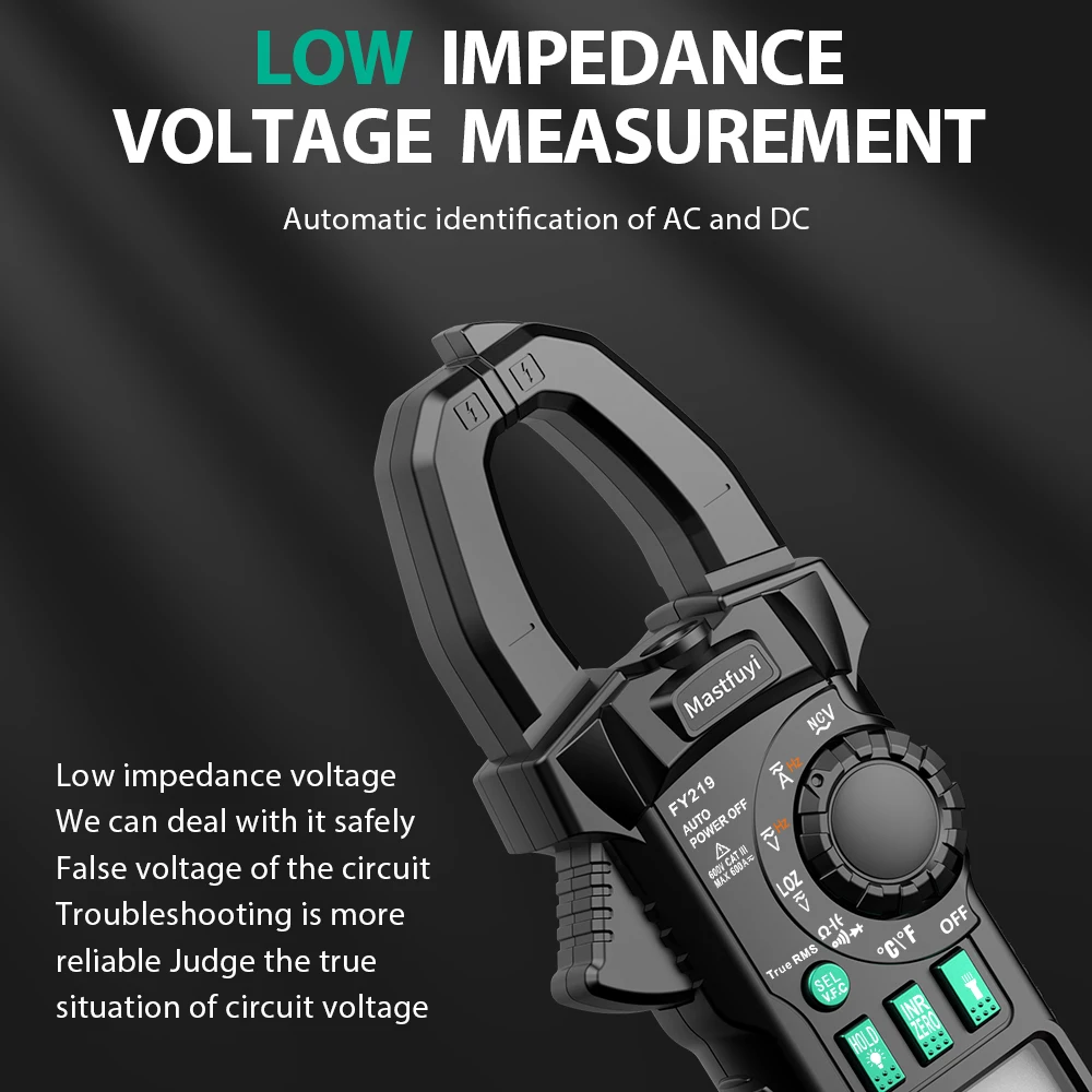 MASTFUYI FY219 Digital Clamp Meter 600A AC/DC Current True RMS Ammeter 6000 Counts Multimeter Voltage Ohm NCV Tester