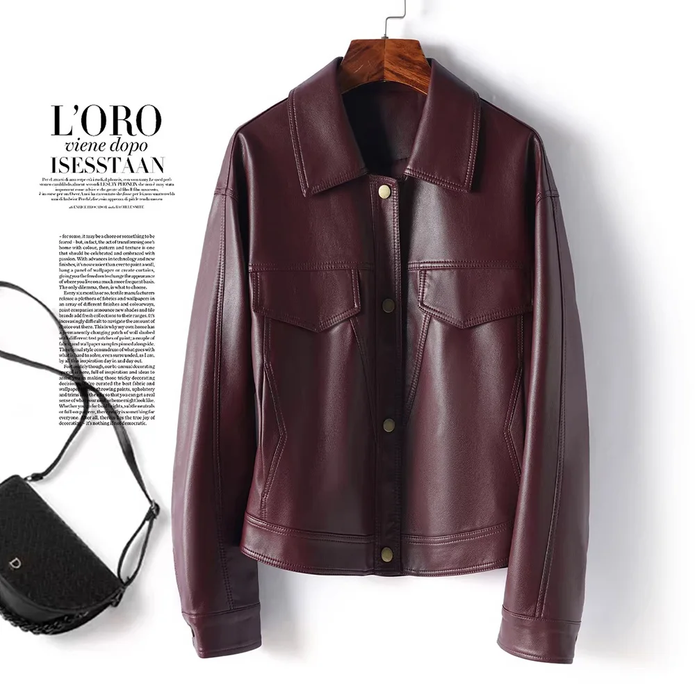 New Women Casual Split Leather Jacket Spring Autumn Fashion Turn-down Collar Long Sleeve Short Coat Daily Slim Leather Jacket