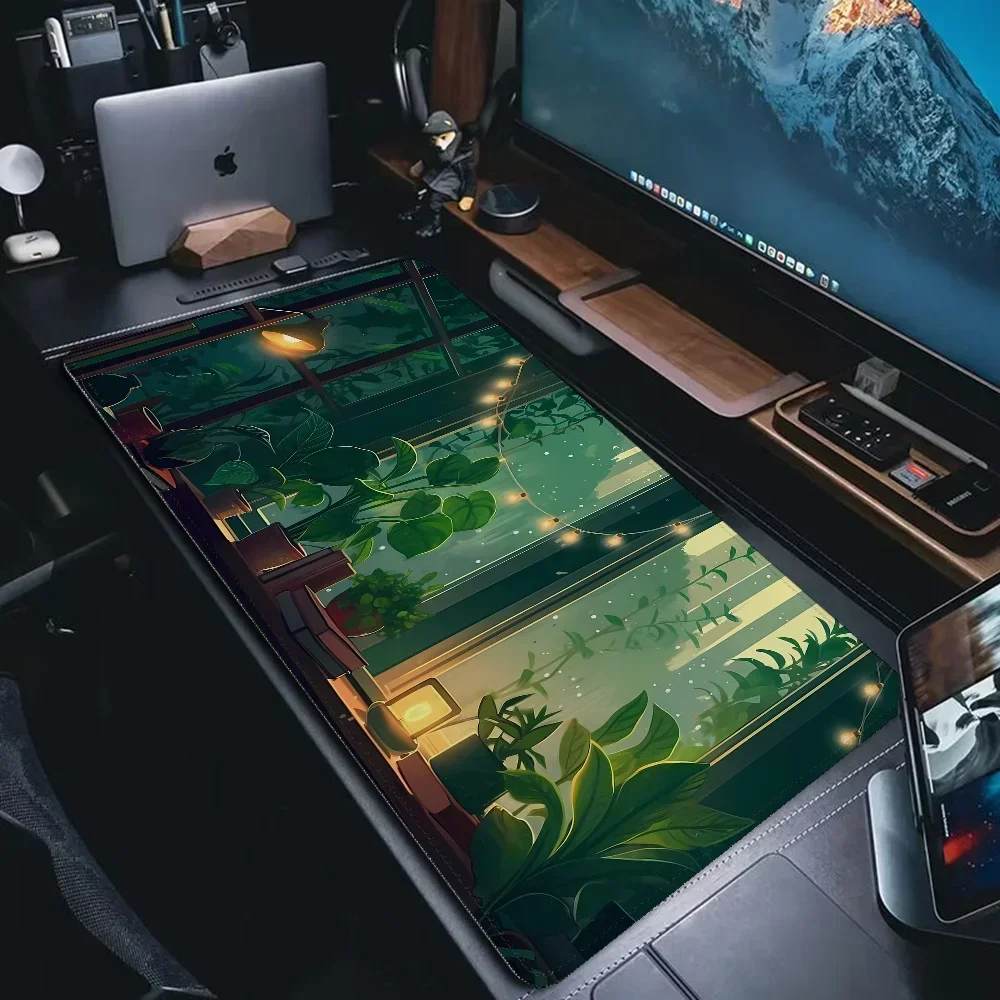 Green Leaf Lofi Pad Mouse Gaming Computer Keyboard Mat Pc  Accessories Mat Mausepad Deskmat Mousepad Rug Cabinet Office Carpet