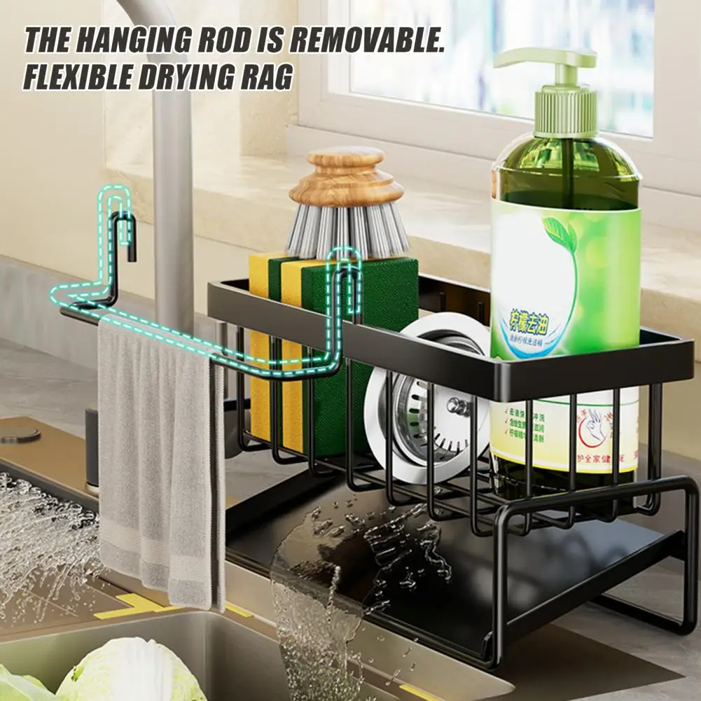 Kitchen Sink Caddy Sponge Holder Tilted Self-Draining Design Rustproof No Drill Required Dish Soap Sponge Caddy Storage Basket