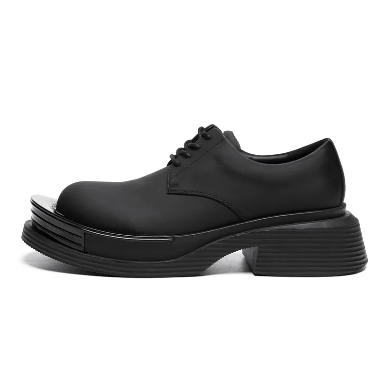 Black Cowhide Thick Soled Height Increasing Shoes For Men Sandwich Design Derby Shoes Comfortable Breathable Casual Leather Shoe