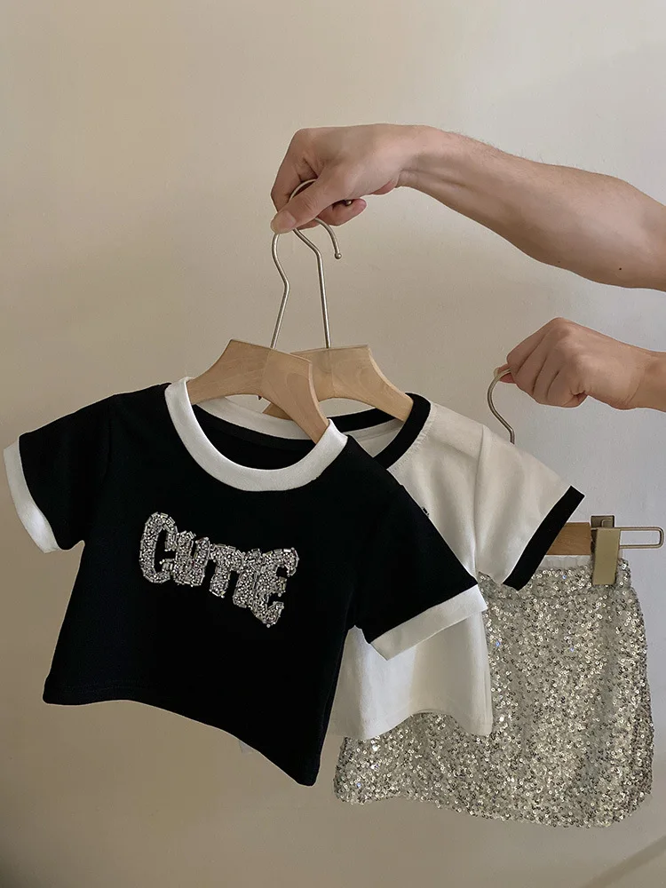 ChimSuit-Veste à lettres en diamant léger pour petite fille, jupe à paillettes assortie, célébrité Internet, document d'été, nouveau, 2021