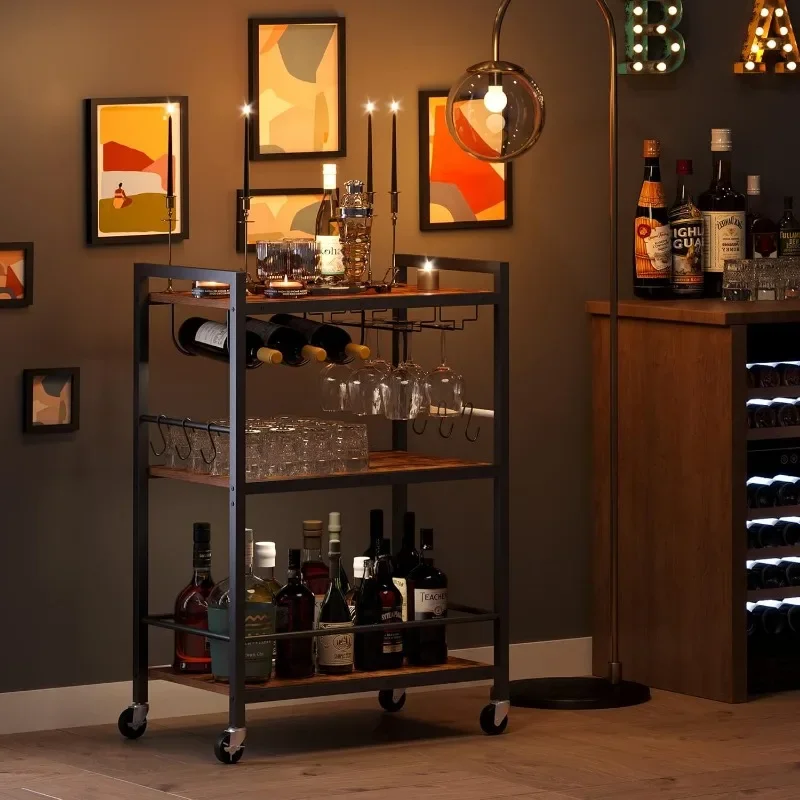 

Bar Cart, Serving Cart for Home, Microwave Cart, Drink Cart, Mobile Kitchen Shelf with Wine Rack and Glass Holder, Rolling