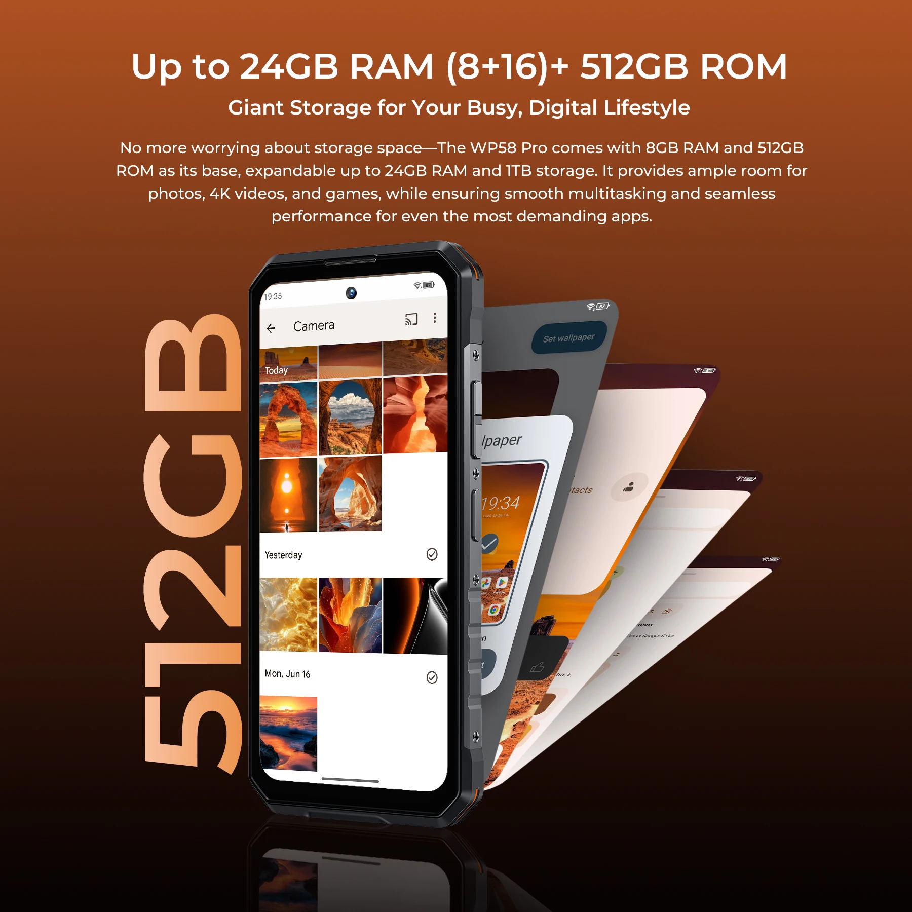 OUKITEL WP58 PRO 5G Teléfono resistente 24GB(8+16) RAM + 512 ROM, 6,7 ''HD 10000mAh 33W Android 15 NFC Teléfono móvil con lámpara de camping dual