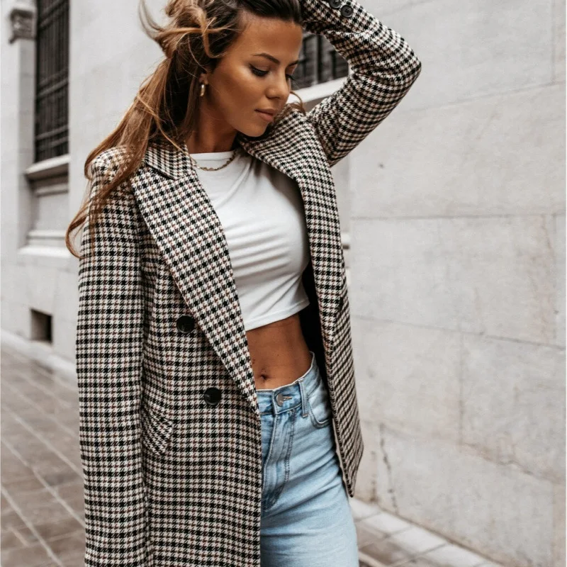 Coat women 2026 casual new Spring autumn houndstooth Lapel checked small suit jacket women's clothing