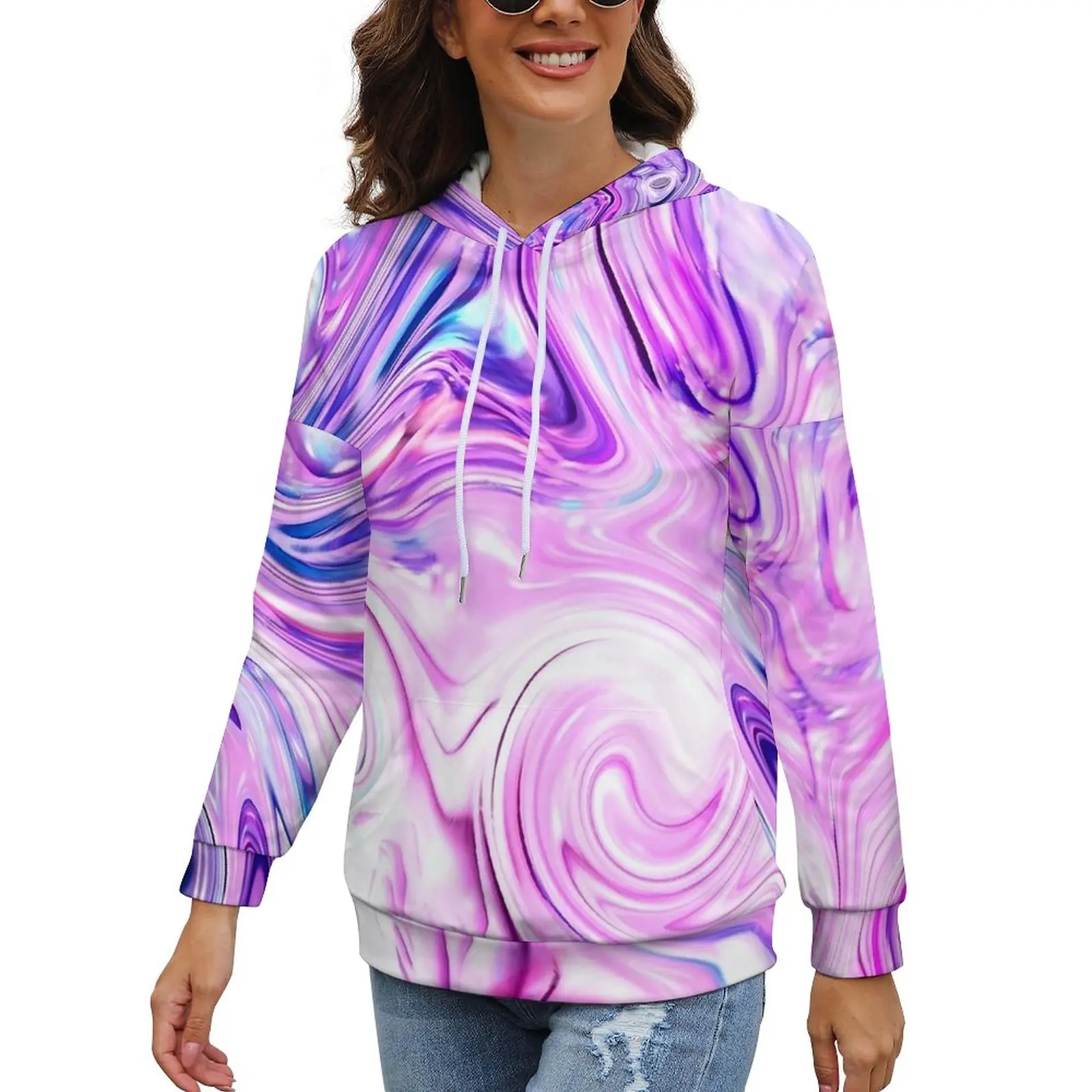 Water Marble Hoodies Purple Blue Street Style Oversized Hoodie Ladies Long-Sleeve Retro Pattern Hooded Sweatshirts