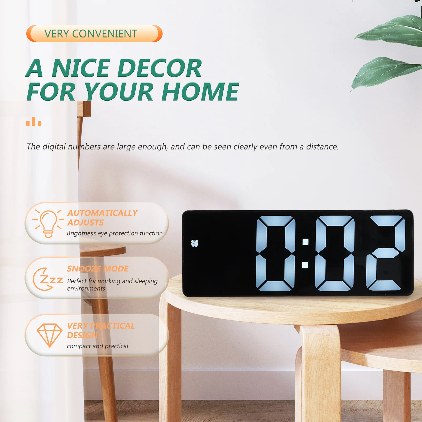 

Digital Alarm Clock LED Mirror Design ABS Desktop Electronic Clock Large Display Bedroom Office Decoration