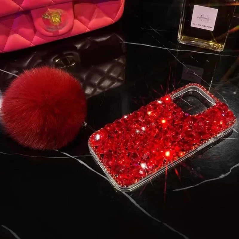 Luxury Gemstone Bling Rhinestone Fur Hairball Phone Case for Iphone 15Pro 14Plus 13 Pro 12 Mini 11Pro MAX XSMAX XR 7 8PLUS Cover