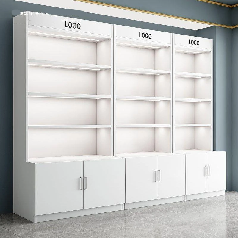 

Light Emitting Diode Light Wooden Wall Furniture Large Oak Commercial Display Cabinet Wooden White Multilayer Cosmetic Stand