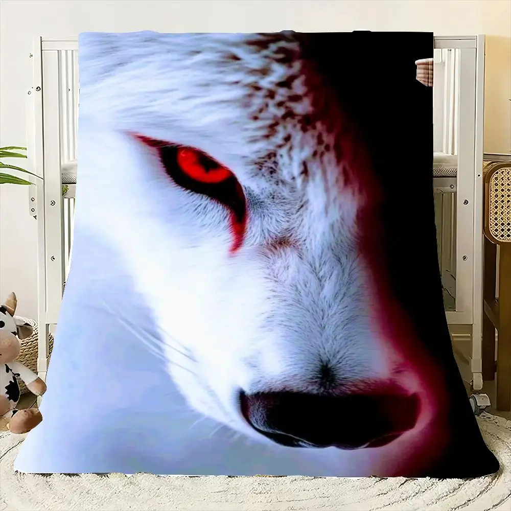 Majestic White Wolf Blanket - Stunning Close-Up Design Featuring Intense Red Eye and Glossy Black Nose - Luxuriously Soft Fleece