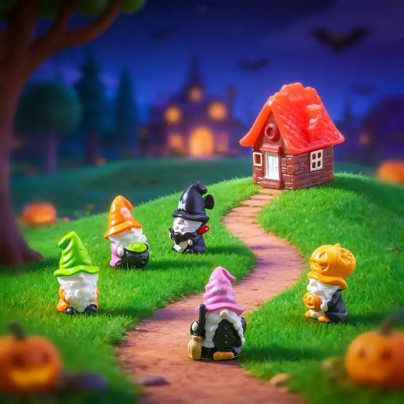 5PCS Cute Mini Halloween Gnome Resin Figurines Portable Desktop Ornament for Home Indoor Party Decor