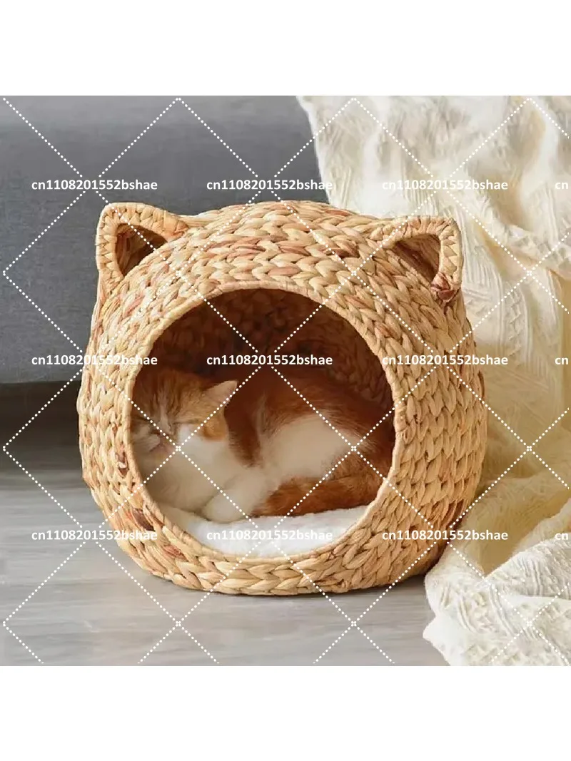 Handwoven Cattail Cat Bed Semi-enclosed Rattan Pet House Summer Cooling All Season Nest