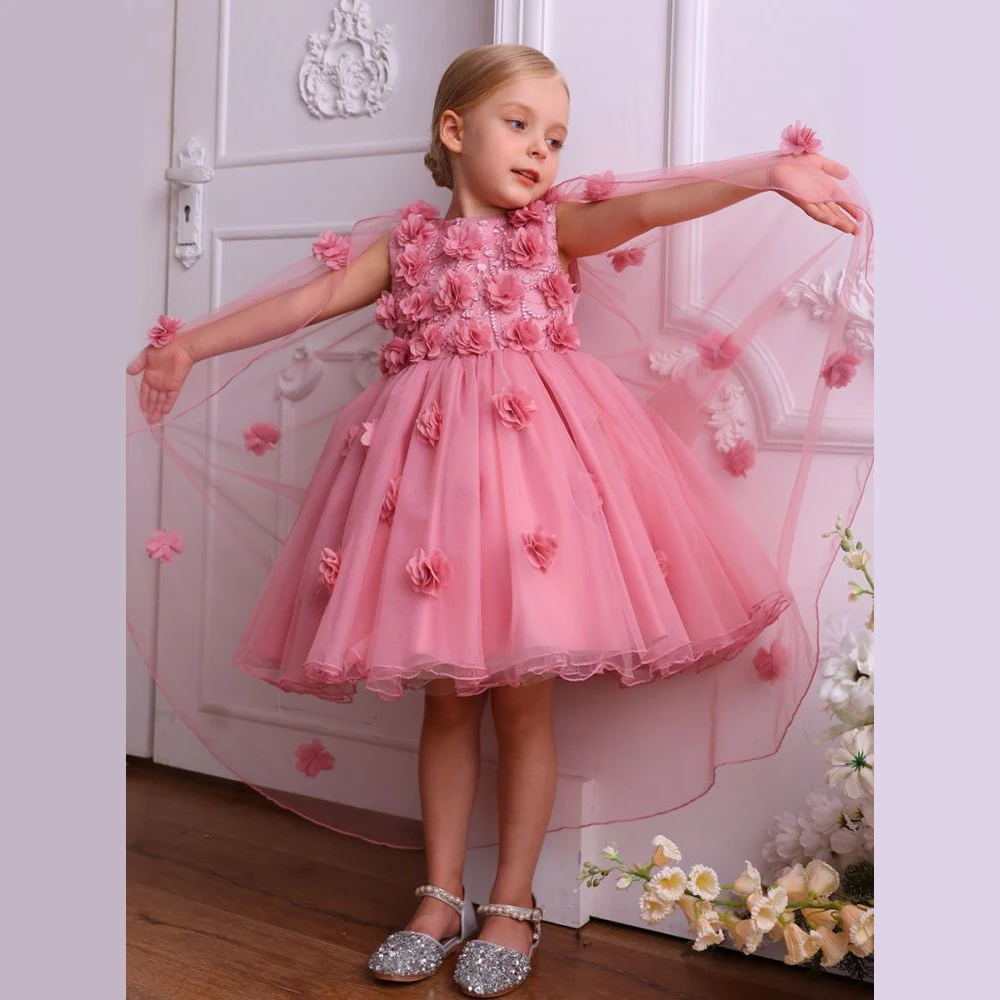 

2-10Y 3D Flower Pink Dress with Cape Mesh Tutu Princess Dresses Elegant Baby Girl One-Piece Vestidos Birthday Party Gowns Child
