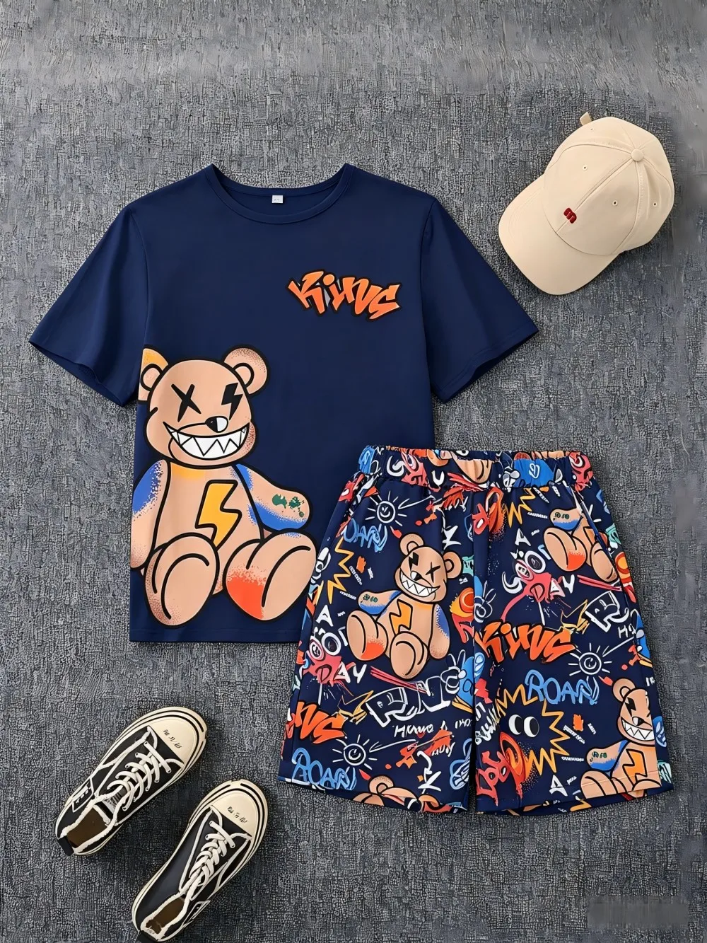 

American men's summer teddy bear letter graffiti comfortable breathable round neck T-shirt shorts set outdoor casual wear