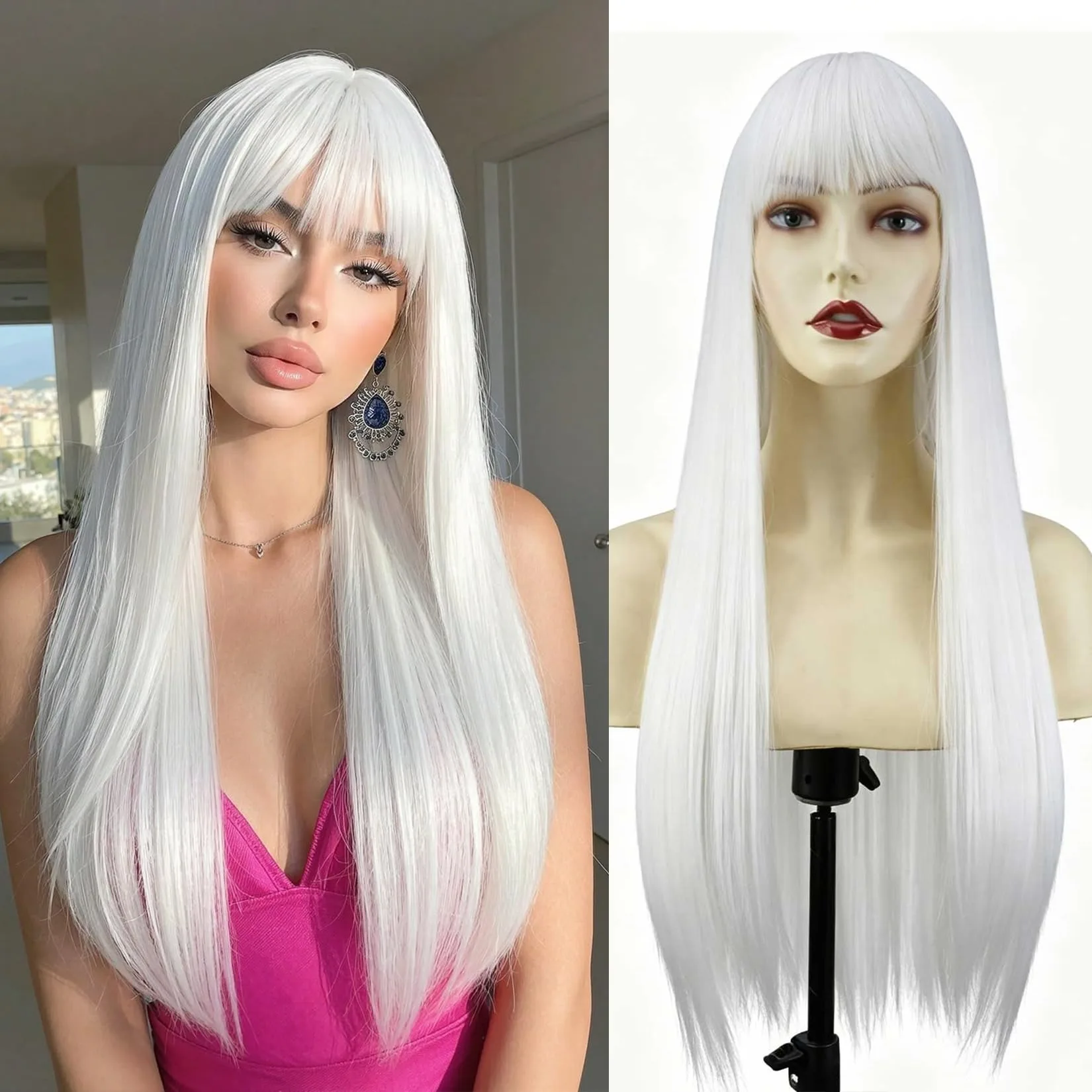 With a Long Straight White Synthetic Wig, Halloween Party Cosplay Character Costume Wig, Daily Wig, Hot Wire Wig Headband