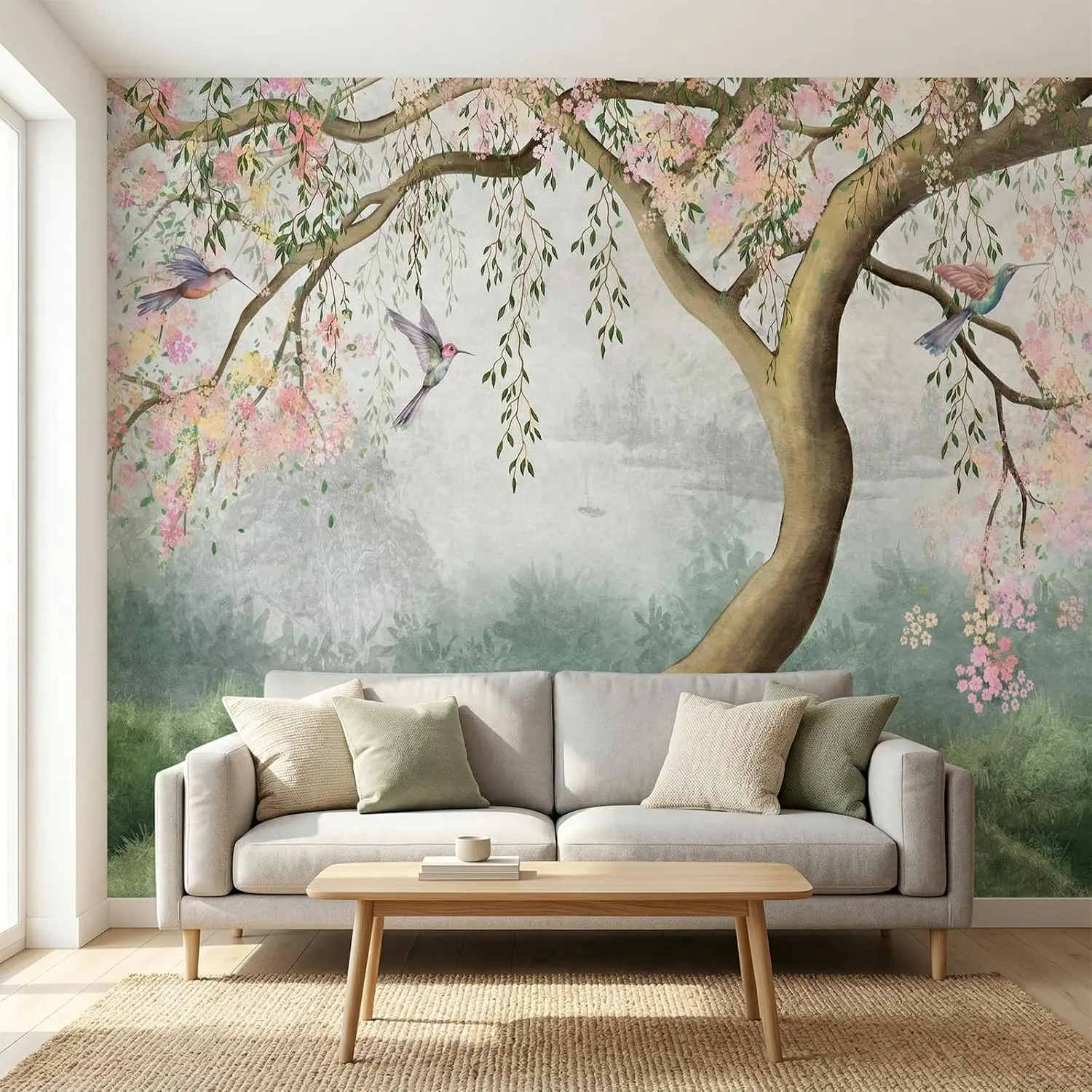 Elegant Floral Cherry Blossom Tapestry Wall Hanging Mural Polyester Print Decor for Bedroom Living Room Romantic Garden Scene An