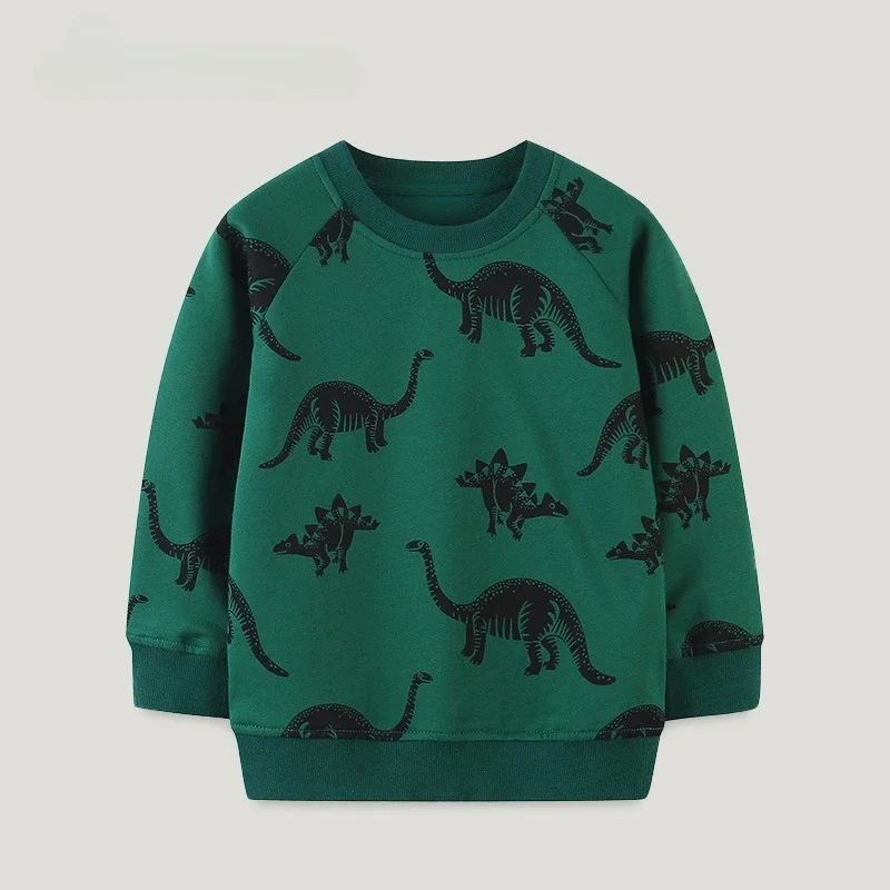 2-7T Little Boys Sweatshirts 100% Cotton Pullover Tops Hoodies Cartoon Dinosaur Full Print Raglan Sleeve Casual Kids Clothes