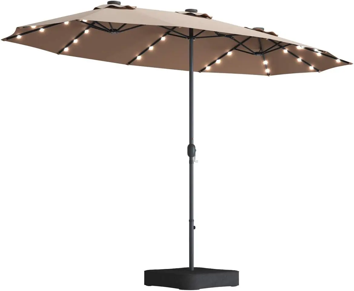 

15 Ft Solar LED Patio Double-Sided Umbrella with Base, Outdoor Twin Umbrella, Extra Large Umbrella w/ 36 Solar Powered