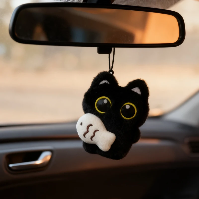 

Cute Rearview Mirror Pendant Decoration Cool Plush Black Cat Keychain Bag Pendant Charms Car Keyring Accessories