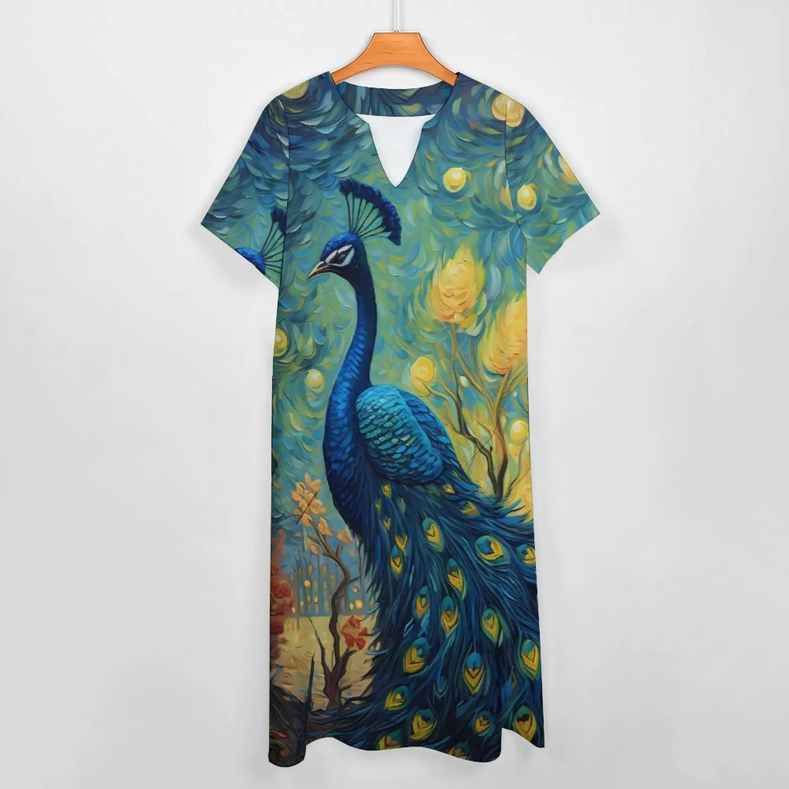 Fantasy Painting About Peacock Dress  Vintage Maxi Dress V Neck Custom Casual Long Dresses Street Wear Oversized Clothes