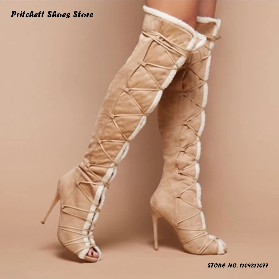 

Женские пушистые ботильоны на шпильке с перекрестной шнуровкой, осенне-зимние, на молнии сзади, выше колена, с острым носком, на тонком каблуке, модная обувь