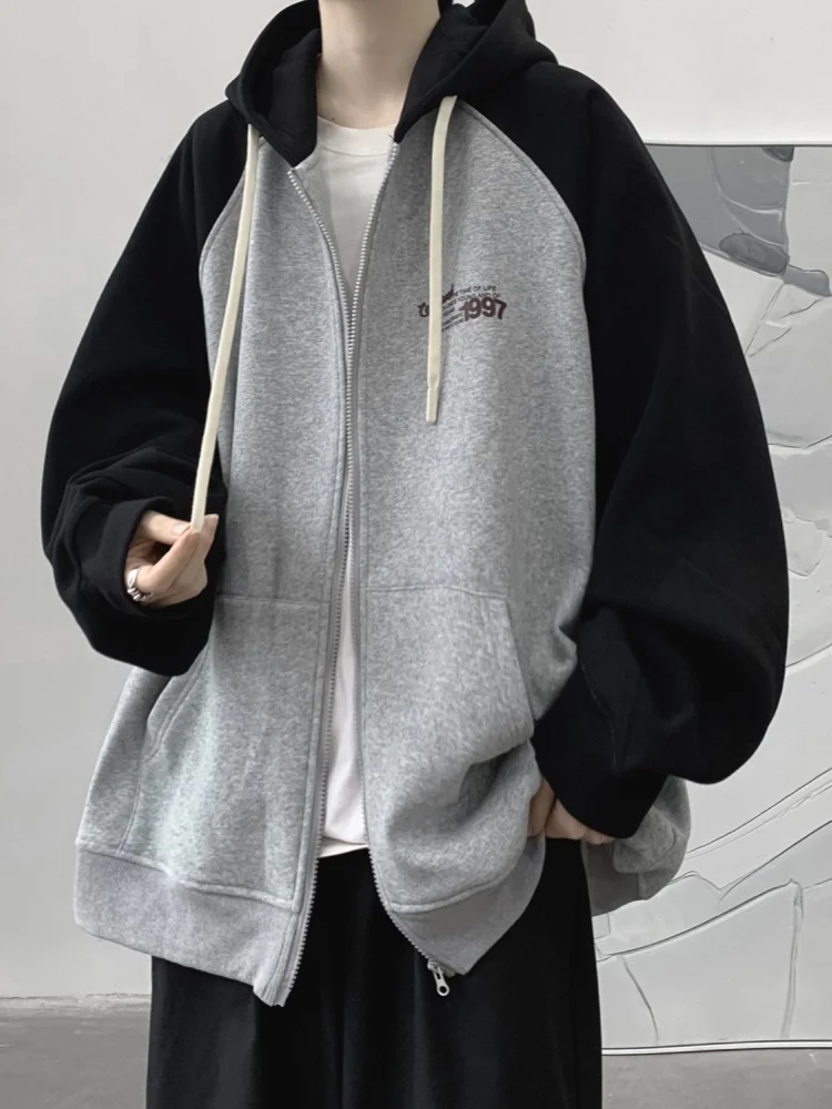

Trendy Hooded Zipper Cardigan Sweatirt for Men Spring Autumn Color Blo Jaet Cool Top for Teenagers American High Street...