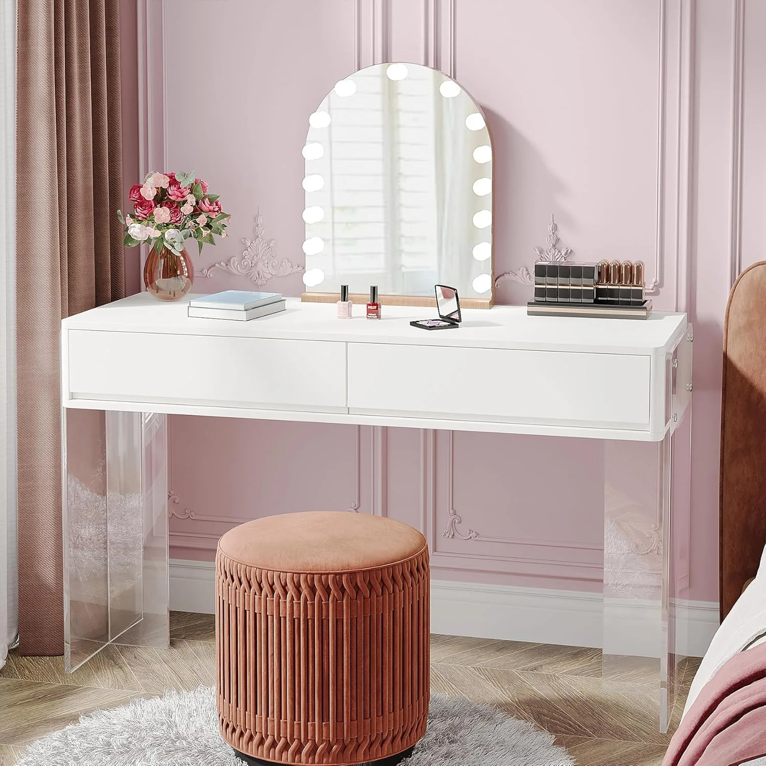 Vanity dressers with Acrylic Legs, Computer Desk with 2 Drawers, Modern Desk with Storage, Makeup Vanity Desk for Bedroom