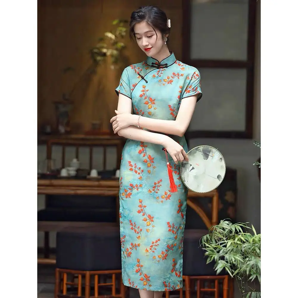 

Traditional Chinese New Style Cheongsam Slim Dresses Female Oriental Floral Stand Collar Classical Improvement Lady Qipao