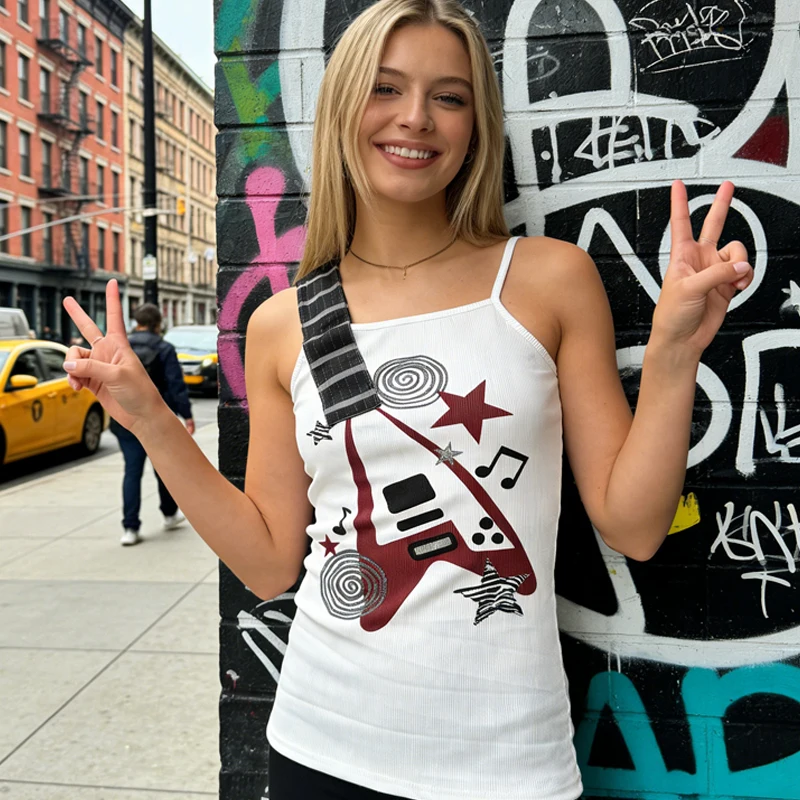 Sommer Neu Y2K Punk Rock Trend Visuelles Design Musiknoten-Print Camisole Vintage Mode Hip Hop Persönlichkeit Schlankes Emo Girl Top – Detail 9