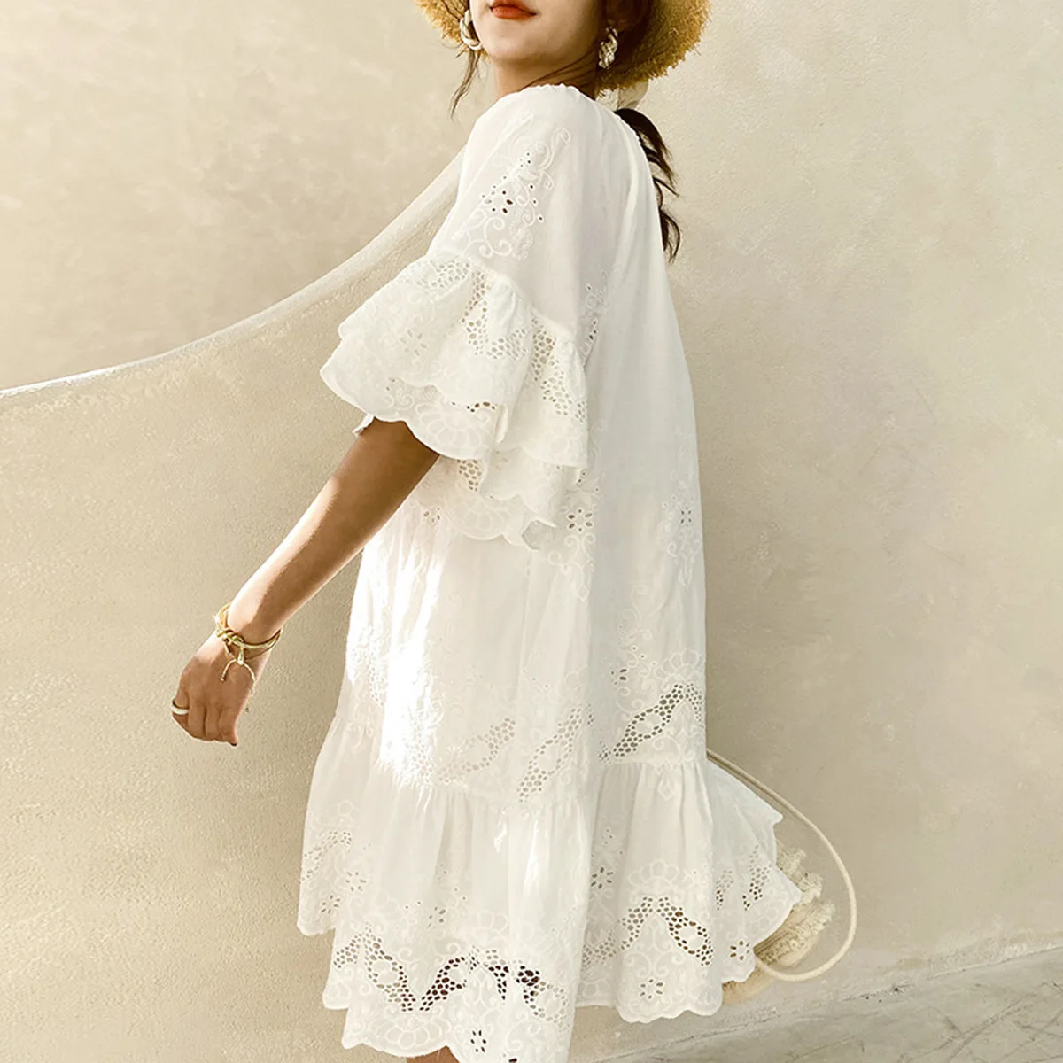 Robe d'été décontractée en coton pour femme, style patchwork en dentelle, jupe ample, t-shirt Neline, ambiance vacances, une pièce