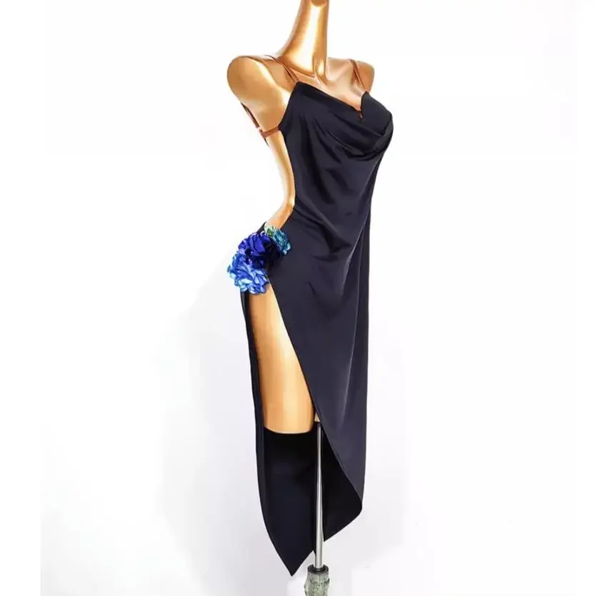 Vestido de dança latina sem mangas para mulheres, cor pura, rumba, chacha, salsa, dancewear, roupas de performance, oco, sexy, novo, 2023